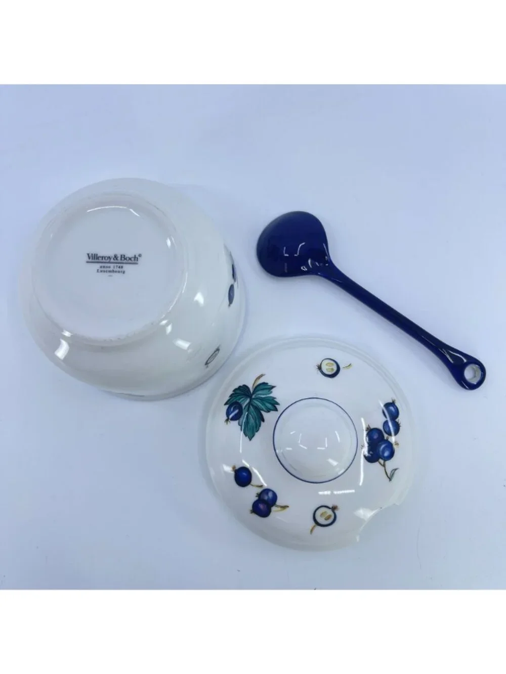 vintage villeroy & boch ceramic condiment jar with lid & spoon blueberry motif